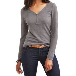 Faded Glory Women's V-Neck Long Sleeve Thermal Button Center Henley T-Shirt Tee